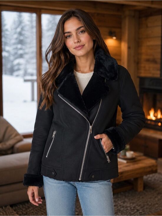 H&M Jackets & Blazers - H&M Faux Fur-lined Biker Jacket Black Full Zip Aviator Size 8